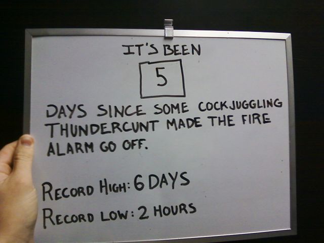 Sign reading: 5 days since some cockjuggling thundercunt made the fire alarm go off. Record high: 6 days. Record low: 2 hours.