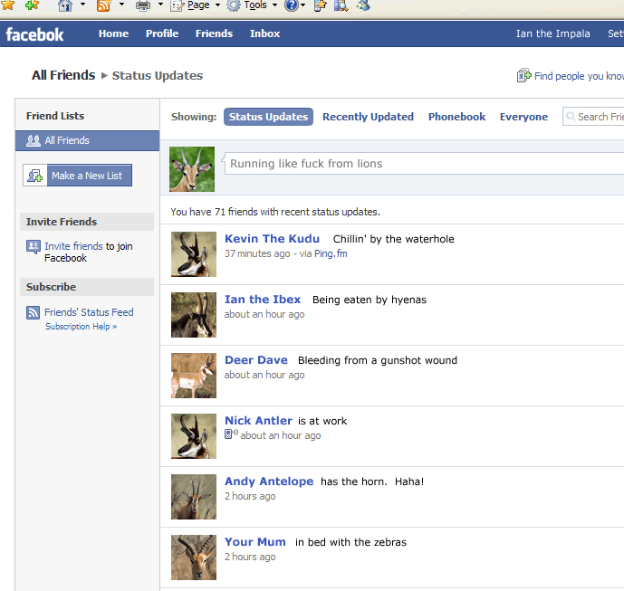 Gazelle on facebook... status update: Running like fuck from lions
