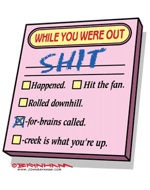Post-it note. Top area says SHIT, tick boxes fill in with ...happened. ...hit the fan. ...rolled downhill. ...for-brains called.  ...creek is what you're up.
